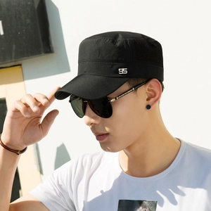 Detail of breathable black mesh panel and silver number emblem on flat top army cap