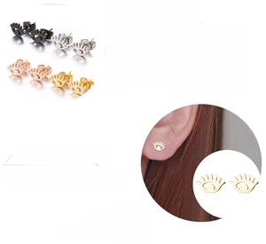 Detailed views of multi-color evil eye stud earrings in silver, gold, and rose gold finishes