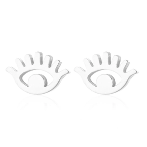 Detailed view of silver stainless steel evil eye stud earrings with minimalist hollow design