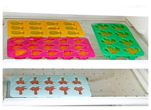Assorted silicone ice cube molds with pineapple and cactus shapes inside a freezer