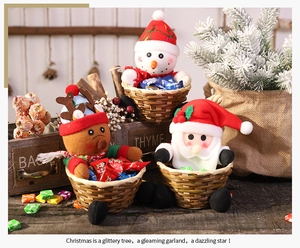 Handmade Christmas candy baskets with plush Snowman, Santa, and Reindeer decorations