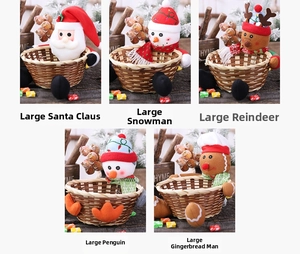 Selection of large Christmas candy baskets featuring Santa, Snowman, and Reindeer.