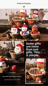 Decorative Christmas candy fruit baskets with plush Santa Claus, Snowman and Reindeer figures