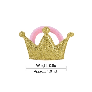 Sparkly gold glitter crown hair tie for girls with pink elastic band, 1.8 inch width