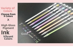 Detail view of 9-color metallic gel pen set with transparent barrels and vibrant ink