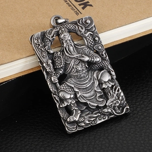 Vintage stainless steel Guan Yu pendant with intricate dragon and cloud embossing