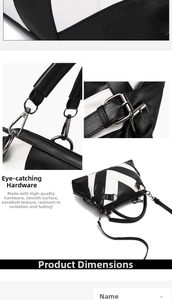 Detail of silver-tone swivel hooks and adjustable strap on black and white tote bag