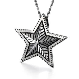 Five Pointed Star Pendant Stainless Steel Geometric Engraved Industrial Punk Rock Style Vintage Jewelry For Men