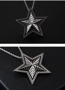 Macro detail of retro stainless steel star pendant with textured finish and rope chain