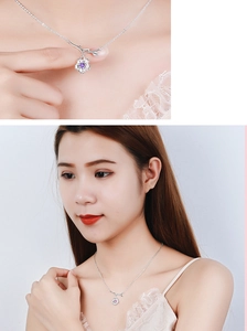 Close-up of cherry blossom pendant with purple gemstone and a model wearing the chain