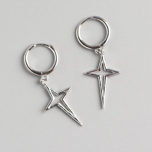 Detailed view of silver S925 sterling silver hoop earrings with hollow star charms