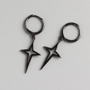 Detailed macro view of black minimalist S925 silver star hoop earrings for women