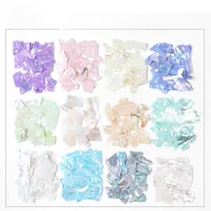 Macro shot of 0.8mm ultra-thin iridescent nail art shell flakes in 12 assorted colors