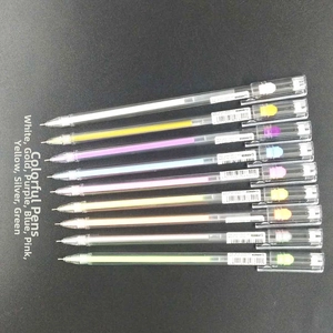 Close-up of nine colorful 0.5mm gel pens set with transparent barrels and fine tips