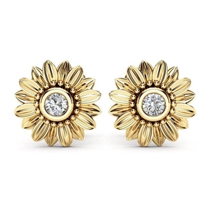 Macro view of 18k gold plated sunflower stud earrings with sparkling zircon center