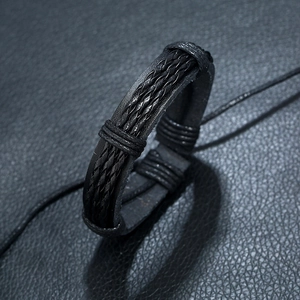 Bracelet rétro en cuir tressé noir pour homme avec plusieurs rangs et nœud réglable