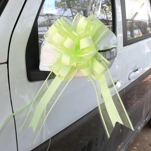 Close-up of light green macaron pull bow ribbon decorating a white car mirror
