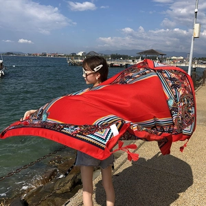Ethnic style cotton linen red shawl with patterns and tassels for beach sun protection