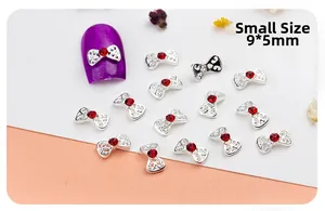 Silver bow nail charm with red rhinestone, small size 9x5mm for detailed manicure design