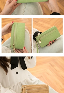 Green and camel long vintage wallets with zipper pockets and wrist straps for women
