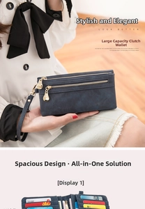 Detailed interior of the navy blue wallet showing multiple card slots and dual zippers