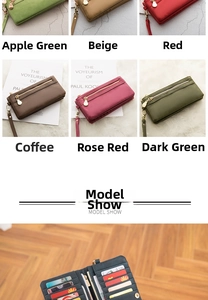 Detail view of multi-compartment leather wallet showing card slots and various colors