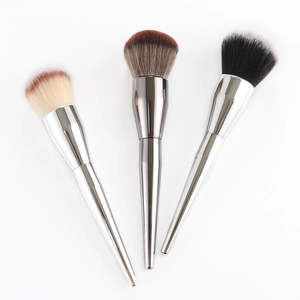 Three-piece large powder and blush brush set with tapered silver metallic chrome handles