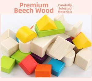 Close-up of assorted high-quality beechwood geometric blocks in vibrant colors