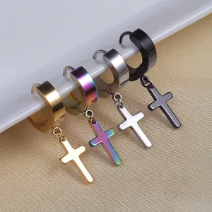 Stainless Steel Cross Pendant Hoop And Clip On Earrings Punk Style Unisex Jewelry Hypoallergenic