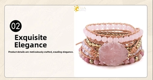 Macro view of handmade pink quartz wrap bracelet with hexagon stone and gold accents