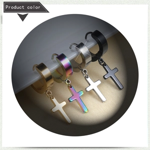 Cross pendant hoop earrings shown in gold, rainbow, silver, and black finishes