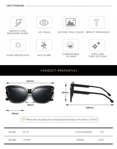 Detailed size chart of black cat eye sunglasses showing UV400 protection and PC frame specs