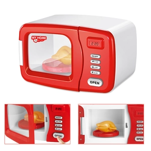Kids red and white pretend play microwave toy set with realistic chicken and digital panel