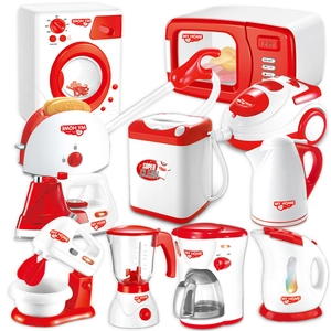 10-piece red and white kids kitchen toy set including microwave and washing machine