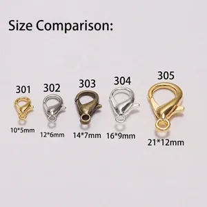 Sizing chart for black alloy lobster clasps in various dimensions for jewelry DIY