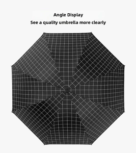 Top view of a black and white grid umbrella with octagonal canopy and minimalist design