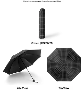 Three-way view of a black grid folding umbrella showing top, side, and closed positions