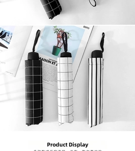 Three minimalist striped and checkered folding umbrellas on a white surface with magazine