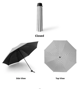Multiple views of folding umbrella with black and white stripes for sun and rain