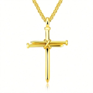Classic gold cross pendant necklace in minimalist titanium steel on a white background