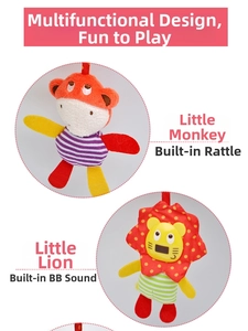Detail of plush monkey with rattle and lion with squeaker for infant strollers