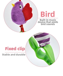 Macro detail of plush purple bird toy with music device and green stroller attachment clip
