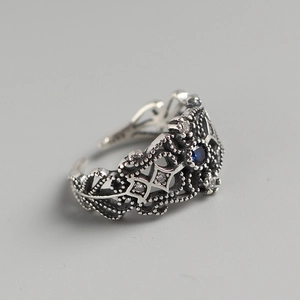 Vintage hollow S925 sterling silver ring with blue gemstone and crystal accents