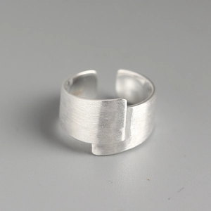 Minimalist 925 Sterling Silver Open Ring For Women Geometric Asymmetric Brushed Texture Wide Band Adjustable Jewelry