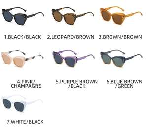 Detailed grid display of trendy cat-eye sunglasses in seven stylish color variations