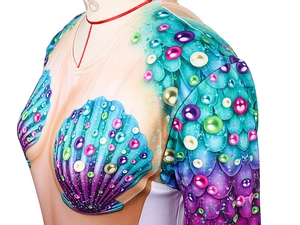 Detail of mermaid shell print on skin-colored long sleeve cosplay top for Halloween
