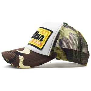 Outdoor camouflage mesh trucker hat with yellow embroidery patch and jungle camo pattern