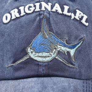 Navy blue washed baseball cap featuring a premium shark embroidery and 3D floral details
