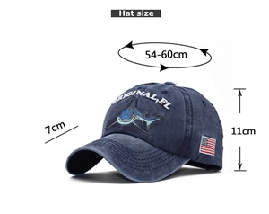 Size guide for washed navy shark baseball cap showing 7cm brim and 54-60cm head size