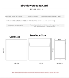 Size specifications for birthday greeting cards showing 12.5x12.5cm folded dimensions